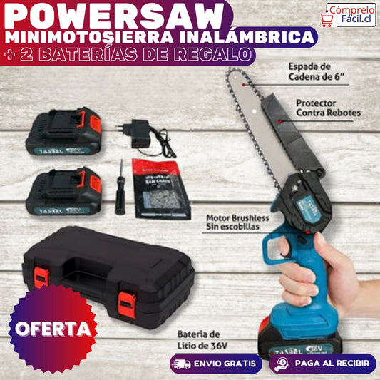 PowerSaw – MINIMOTOSIERRA INALÁMBRICA DE 6 PULGADAS  + 2 BATERÍAS DE REGALO