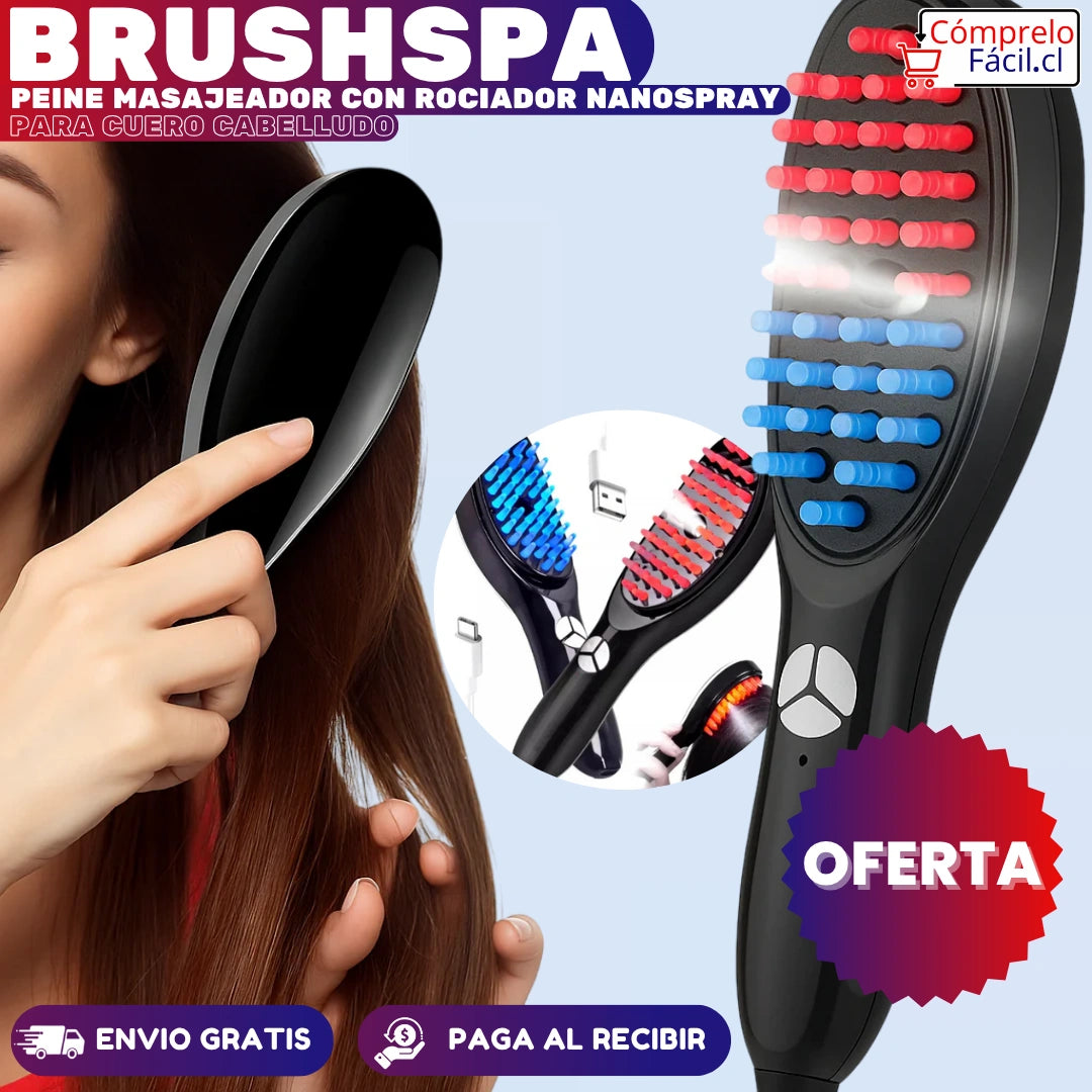 BrushSpa - PEINE MASAJEADOR CON ROCIADOR NANOSPRAY PARA CUERO CABELLUDO