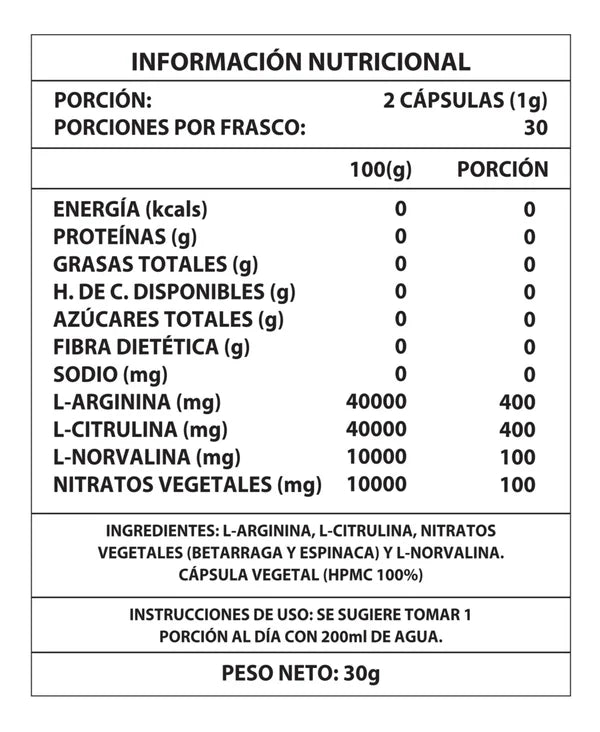 Óxido Nítrico - VITALIDAD Y ENERGÍA NATURAL, SUPLEMENTO (60 CÁPSULAS)